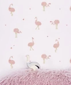 Lilipinso Papier Peint Coeurs Et Autruches En Papier Rose 50cm X 10m