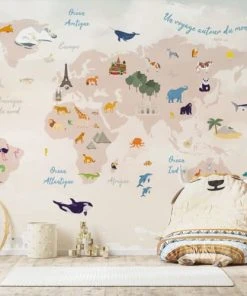 99Déco Papier Peint Panoramique Enfant Carte Monde Animaux 336x270cm