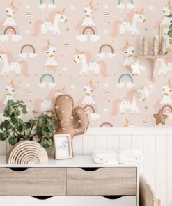 Decochic Papier Peint Vinyle Adhésif Licornes Rose 50x300 Cm