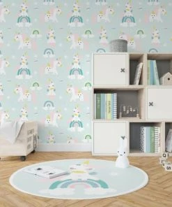 Decochic Papier Peint Vinyle Adhésif Licornes Verte Menthe 50x300 Cm