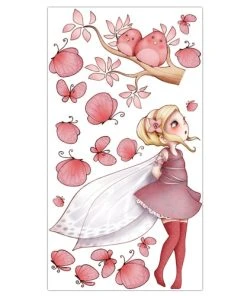 Acte Deco Sticker Mural Fée Debout Et Papillons Pour Enfant -Rose