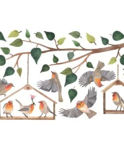 Lilipinso Stickers Branches Et Oiseaux En Vinyle Mat Vert 64x40 Cm