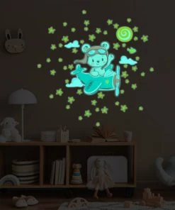 Ambiance Sticker Stickers Phosphorescents Lumineux Ourson Et 50 étoiles 50x55cm