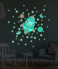 Ambiance Sticker Stickers Phosphorescents Lumineux Ourson Et 50 étoiles 70x70cm