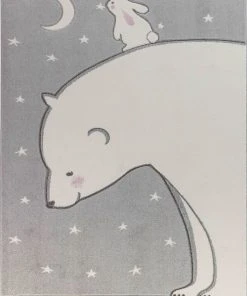 Surya Tapis Enfant - Ours Et Lapin Nuit Étoilée - Blanc Et Gris - 200x275cm