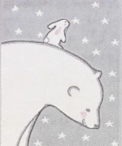Surya Tapis Enfant - Ours Et Lapin Nuit Étoilée - Blanc Et Gris - 80x150cm