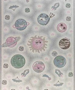 Surya Tapis Enfant - Planètes Animées - Beige Et Gris - 160x213cm