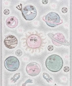 Surya Tapis Enfant - Planètes Animées - Beige Et Gris - 80x150cm