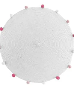 Douceur D'Intérieur Tapis Rond Pompons Blanc Rose D90cm