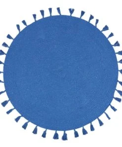 Maisons Du Monde Tapis Rond Tissé Bleu à Fil Lurex Et Pompons