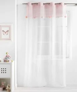 Douceur D'Intérieur Voilage à Pompons Colorés Polyester Blanc/rose 240x140cm